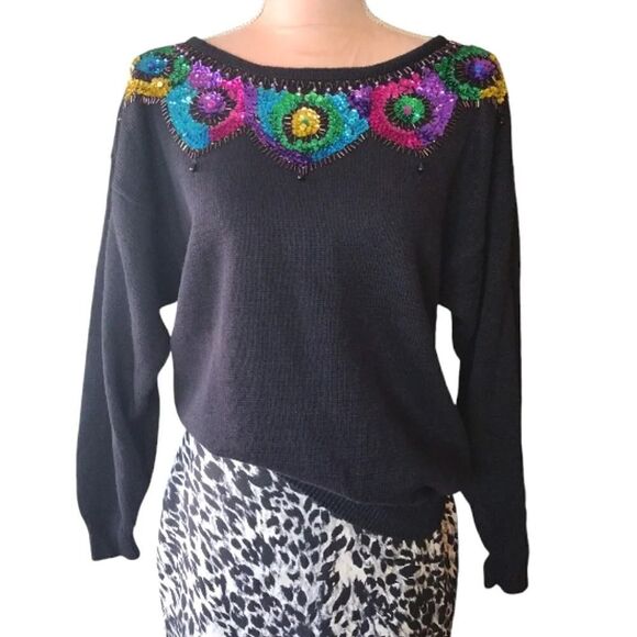 VTG 80s Black Colorful Beaded Sequins Ramie Blend Knit Sweater Medium - Picture 4 of 16